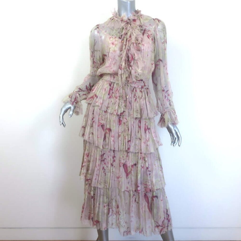 Zimmermann Winsome Tiered Midi Dress Light Pink Floral Crinkled Chiffon Size 1
